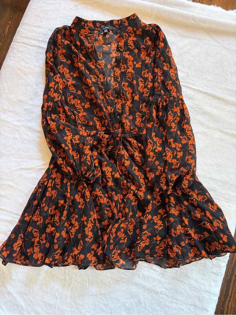 Lulus Navy Rust Orange Floral Button Front Tiered Dress XS